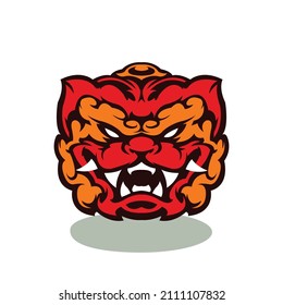 carved lion mask image, antique and cool, red mask