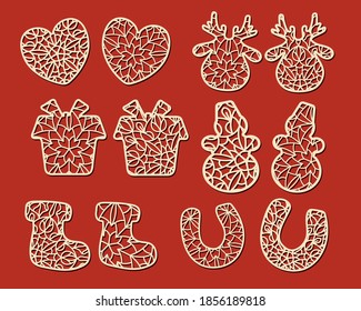 Carved openwork Christmas decorations for cutting out of paper or on a plotter. Deer, gift, heart, snowman, Christmas boot