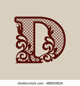Carved openwork floral pattern initial letters D. Template can be used for interior design, laser cutting or printing greeting and wedding cards, invitations, etc.