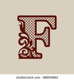 Carved openwork floral pattern initial letters F. Template can be used for interior design, laser cutting or printing greeting and wedding cards, invitations, etc.