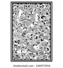 carved openwork pattern. indonesia motif. fish and floral illustration vector