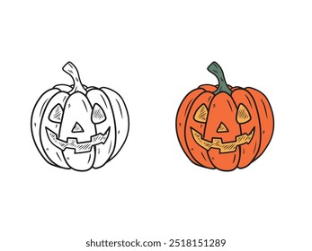 Carved orange Halloween pumpkin with face isolated on white background. Hand drawn vector sketch illustration in doodle engraved vintage line art style. Happy Halloween, Trick or treat. Coloring book