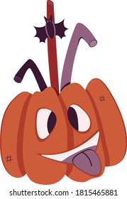 Carved orange pumpkin with punch for the whole company. Flat vector illustration of Crazy Halloween drink.