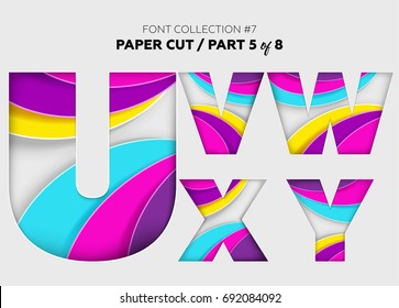 Carved Paper Art, Font Design. Beautiful 3D Letters Crafted with Bright Paper. Origami Alphabet Concept. Trendy Creative Shapes. Vector Illustration for Business, Logo, Greeting Card, Invitation.