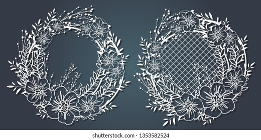 Carved paper decoration pattern for laser cutting and plotter. Flower wreath, frame for your text. Vector illustration. A set of stickers. Screen printing, silk screen printing.