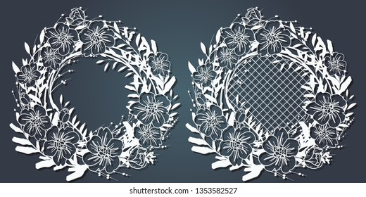 Carved paper decoration pattern for laser cutting and plotter. Flower wreath, frame for your text. Vector illustration. A set of stickers. Screen printing, silk screen printing.