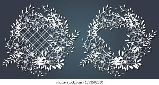 Carved paper decoration pattern for laser cutting and plotter. Flower wreath, frame for your text. Vector illustration. A set of stickers. Screen printing, silk screen printing.