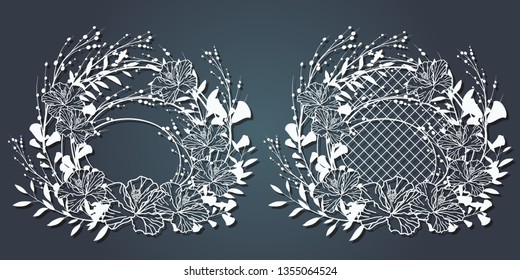 Carved paper decoration pattern for laser cutting and plotter. Flower wreath, frame for your text. Vector illustration. A set of stickers. Screen printing, silk screen printing.