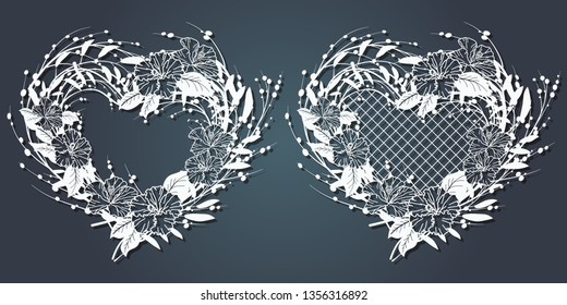 Carved paper decoration pattern for laser cutting and plotter. Flower wreath, frame for your text. Vector illustration. A set of stickers. Screen printing, silk screen printing.