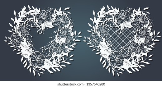 Carved paper decoration pattern for laser cutting and plotter. Flower wreath, frame for your text. Vector illustration. A set of stickers. Screen printing, silk screen printing.