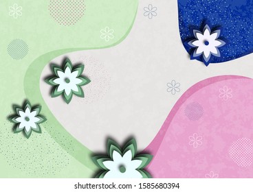 Carved paper flowers on a colorful wave background. Template for your design. Vector illustration