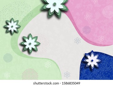 Carved paper flowers on a colorful wave background. Template for your design. Vector illustration