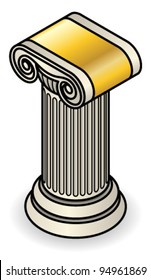 A carved pedestal in the form of an ionic column with a gold band.