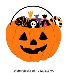 Carved pumpkin bag  basket and candy hand drawn Halloween illustration  Cartoon style flat design  isolated vector  Kids seasonal print  autumn holiday  trick treat  costume party element