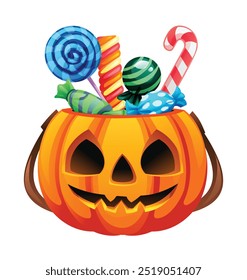 Carved pumpkin bucket for Halloween, filled with colorful candy and treats. Vector cartoon illustration