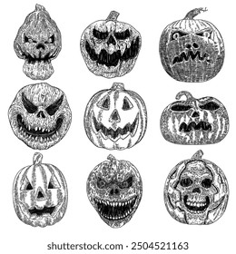 Carved pumpkin candlelight set. Scary dark Halloween pumpkin lanterns. Evil smile from Halloween Jack o lantern. Scary pumpkin face smile and eyes, set. Infernal atmosphere symbol. Vector.