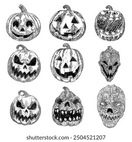 Carved pumpkin candlelight set. Scary dark Halloween pumpkin lanterns. Evil smile from Halloween Jack o lantern. Scary pumpkin face smile and eyes, set. Infernal atmosphere symbol. Vector.