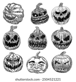 Carved pumpkin candlelight set. Scary dark Halloween pumpkin lanterns. Evil smile from Halloween Jack o lantern. Scary pumpkin face smile and eyes, set. Infernal atmosphere symbol. Vector.