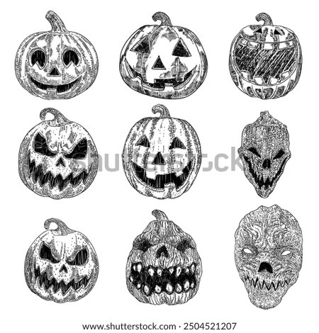 Carved pumpkin candlelight set. Scary dark Halloween pumpkin lanterns. Evil smile from Halloween Jack o lantern. Scary pumpkin face smile and eyes, set. Infernal atmosphere symbol. Vector.