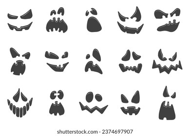 Carved pumpkin faces silhouettes isolated on white background. Jack-O-lantern icon set. Halloween vector illustration. Fall holiday spooky decoration set.