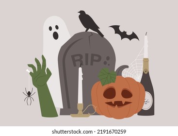 A carved pumpkin, a graveyard stone, candles, a zombie hand with a spider hanging from it, and other decorations, commonly associated with the Halloween holiday
