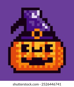 Carved pumpkin for Halloween in 8 bit pixel art style. This retro pixel art design brings a fun and festive vibe, perfect for decorations, greeting cards, and decor for Halloween party. 