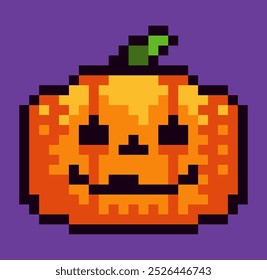 Carved pumpkin for Halloween in 8 bit pixel art style. This retro pixel art design brings a fun and festive vibe, perfect for decorations, greeting cards, and decor for Halloween party. 