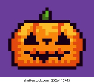 Carved pumpkin for Halloween in 8 bit pixel art style. This retro pixel art design brings a fun and festive vibe, perfect for decorations, greeting cards, and decor for Halloween party. 