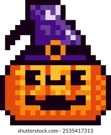 Carved pumpkin for Halloween in 8 bit pixel art style. This retro pixel art design brings a fun and festive vibe, perfect for decorations, greeting cards, and decor for Halloween party. 