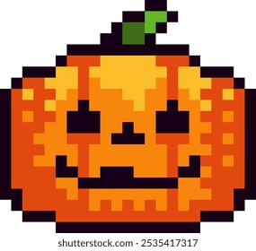 Carved pumpkin for Halloween in 8 bit pixel art style. This retro pixel art design brings a fun and festive vibe, perfect for decorations, greeting cards, and decor for Halloween party. 