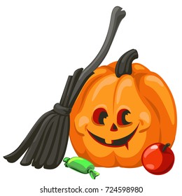 Carved pumpkin. Happy Halloween vector icon. Funny pumpkin character.