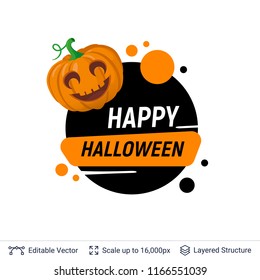 Carved pumpkin Jack lantern and Halloween text. Bright cartoon label with editable copy space for holiday sales and parties.