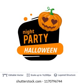 Carved pumpkin Jack lantern and Halloween text. Bright cartoon label with editable copy space for holiday sales and parties.