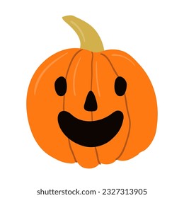 Carved pumpkin, jack o lantern hand drawn Halloween illustration. Cartoon style flat design, isolated vector. Kids seasonal print, autumn holiday, trick or treat, costume party element, decoration