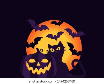 Carved pumpkin lantern, black cat and bats on the background of the full moon. Symbols of Halloween