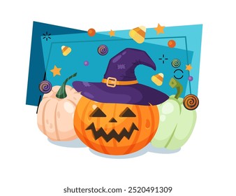 Carved pumpkin lantern in hat in patches vector illustration with candies on background. Halloween celebration, party, holiday concept. Can be used for banner or invitation design