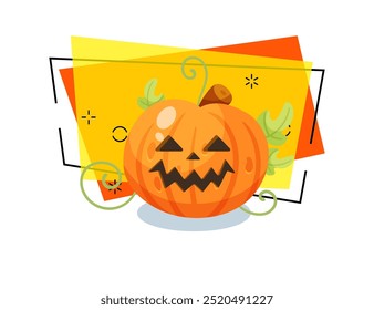 Carved pumpkin lantern vector illustration on abstract background. Halloween celebration, party, holiday concept. Can be used for banner or invitation design