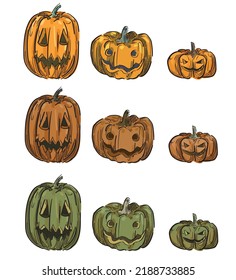 carved pumpkin set orange fall thanksgiving haloween different three colors brown scary fall theme isolated on white bakground
