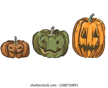 calabaza tallada set naranja otoño acción de gracias a la mitad colores diferentes marrón con hojas secas decoración temible otoño tema aislado en el suelo blanco
