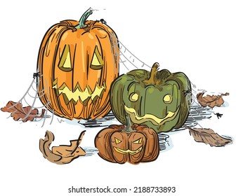 carved pumpkin set orange fall thanksgiving haloween with lights inside spider webs different colors brown with dry leaves decoration  scary fall theme isolated on white bakground
