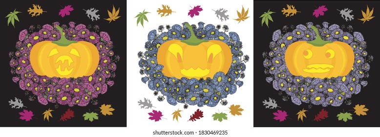 Juego de calabaza tallada. Calabaza naranja sobre el colador violeta sobre el blanco negro elemento de diseño gráfico vectorial para la web, para impresión