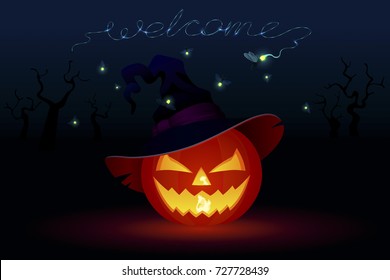 Carved pumpkin with a tattered conical witch hat. Glowing fiery face of a magical character on a night background. Fireflies draws a blue calligraphic inscription Welcome. Invitation to Halloween.