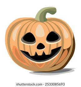 A carved pumpkin with a toothy smile against a white background, a traditional Halloween pumpkin with a funny and scary face.