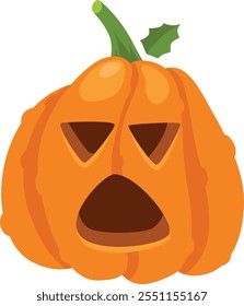 Carved pumpkin with triangular eyes and wide open mouth showing a frightened expression, with green stem and leaf, isolated on white background for halloween decoration