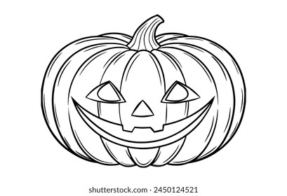 Carved pumpkin vector illustration for Halloween. Black and white outline drawing of smiling jack-o-lantern. Concept of Halloween, coloring activity, spooky fun, holiday decorations. White backdrop