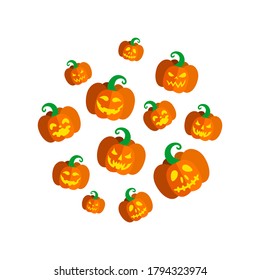 Carved pumpkins for Halloween party. Round print with spooky Halloween pumpkins. Vector illustration in flat style