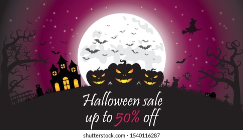 Carved pumpkins on the background of the moon and the starry sky. Bats, crosses in the cemetery. Design for an invitation, banner, poster for a Halloween party.  Vector illustration.