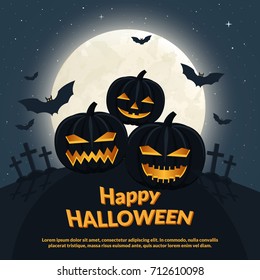 Carved pumpkins on the background of the moon and the starry sky. Bats, crosses in the cemetery. Design for an invitation, banner, poster for a Halloween party. Vector illustration.