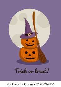  Carved pumpkins with witch hat and broom. Halloween greeting card or party invitation.