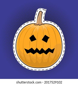 Carved scary pumpkin, Jack-o-Lantern on a purple violet pop art halftone background, Halloween holiday, black dots in the form of a circle, pins or patches, retro style, vector illustration